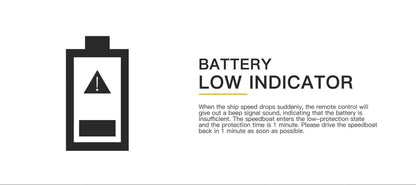 Battery low indicator warning graphic with caution symbol and explanatory text about speedboat battery protection
