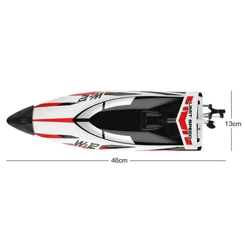 35kmh High SpeedBoat with a sleek black, white, and red plastic hull featuring aerodynamic design and measurements of 46cm by 13cm