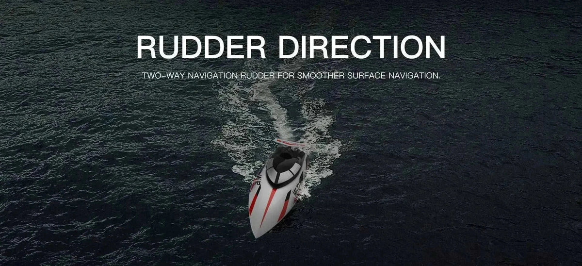 35kmh High SpeedBoat remote control boat in white with red stripes, black windshield and a rudder on dark water surface