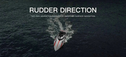35kmh High SpeedBoat remote control boat in white with red stripes, black windshield and a rudder on dark water surface