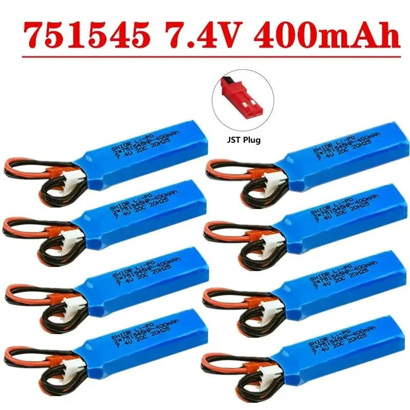 7.4V 400mah Lipo Battery blue lithium polymer packs with black and red wires and JST plugs