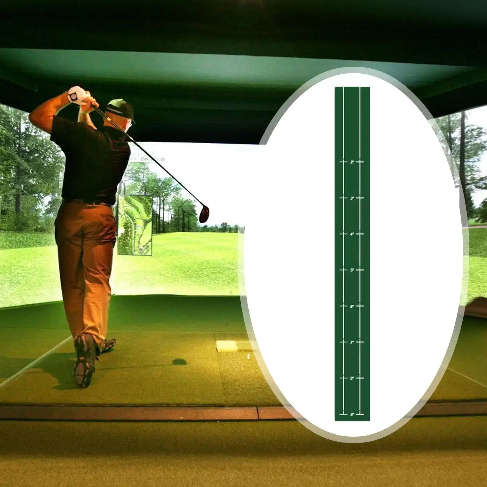 Golf Putting Mat Foldable showcased indoors with golfer practicing putting technique on a digital simulation.