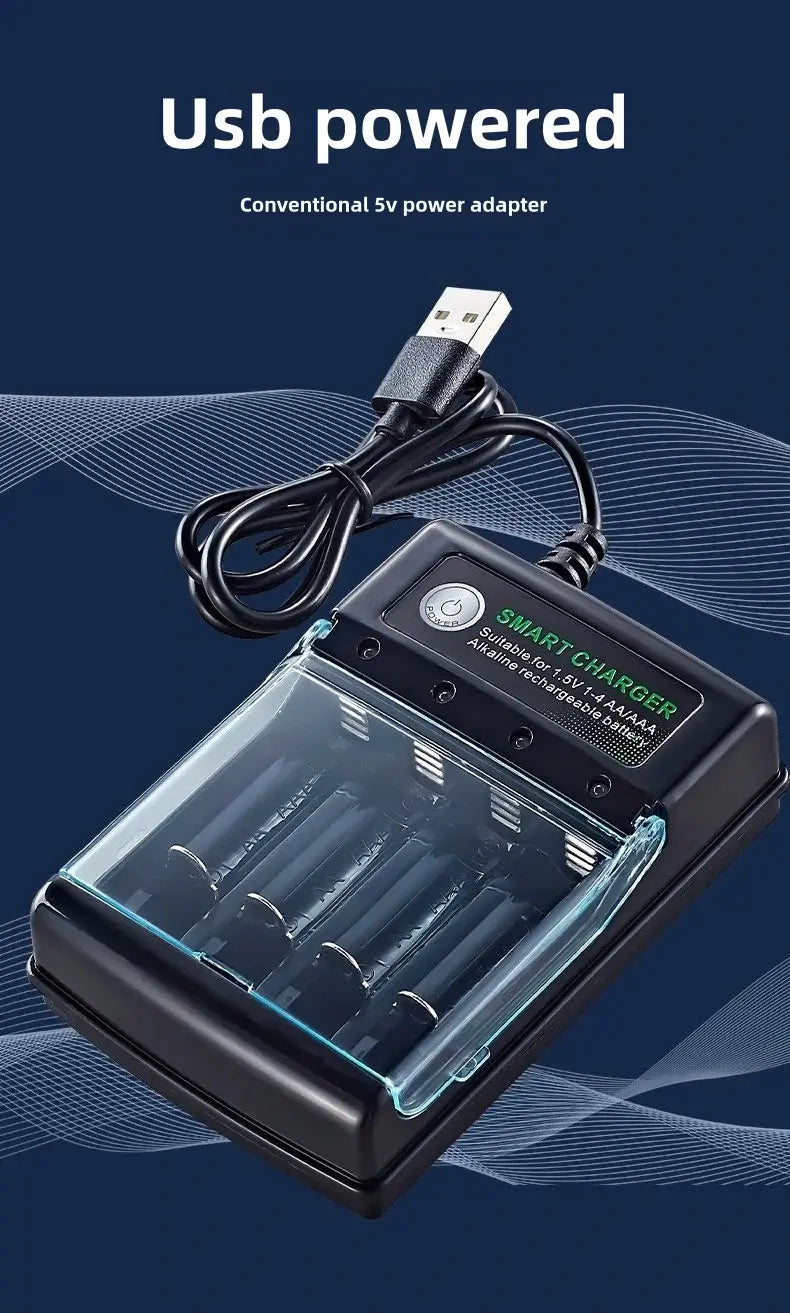 1.5V USB 4 Slots Charger for AA alkaline batteries with USB power adapter and smart design.