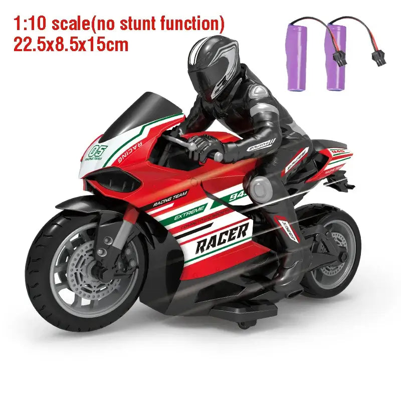 RC Motorcycles 16 110 Electric in 1:10 scale with rider and two batteries shown for exciting racing experience.