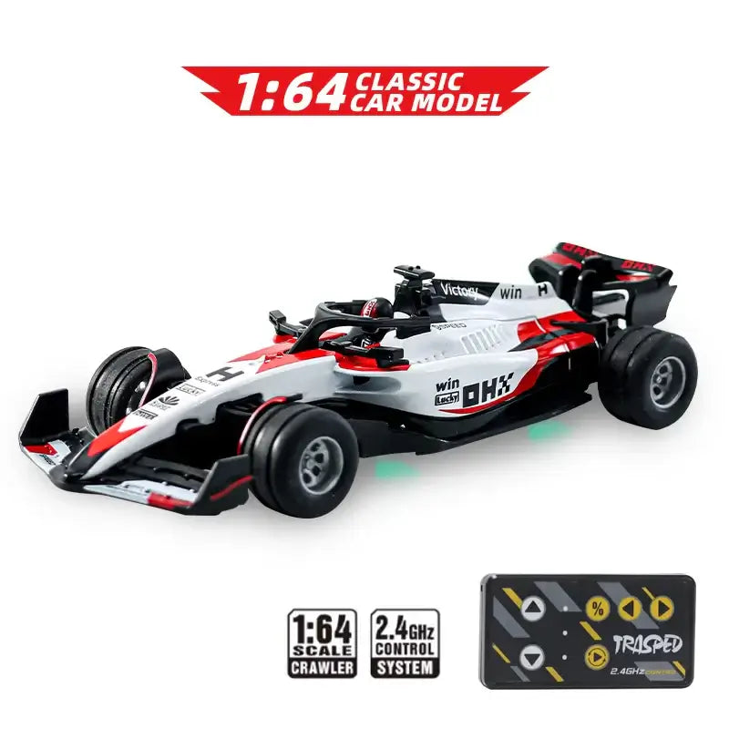 Mini RC F1 racing car in 1:64 scale model with remote control and detailed design.