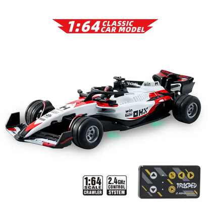 Mini RC F1 racing car in 1:64 scale model with remote control and detailed design.