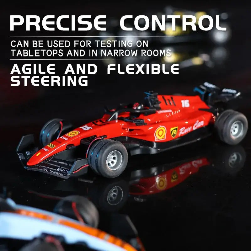 Mini RC F1 racing car with precise control features, perfect for testing on tabletops and narrow spaces.