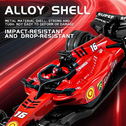 Mini RC F1 racing car featuring a strong alloy shell, impact-resistant and drop-resistant design, perfect for racing enthusiasts.