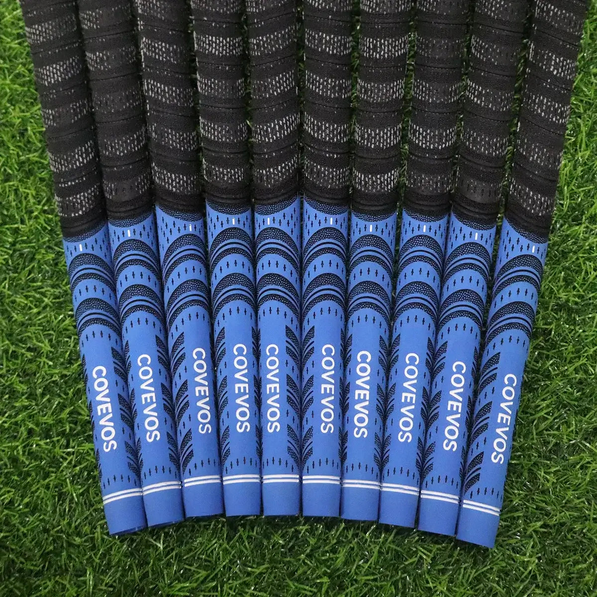 Golf rubber grip collection featuring non-slip and wear-resistant designs on a green turf background.
