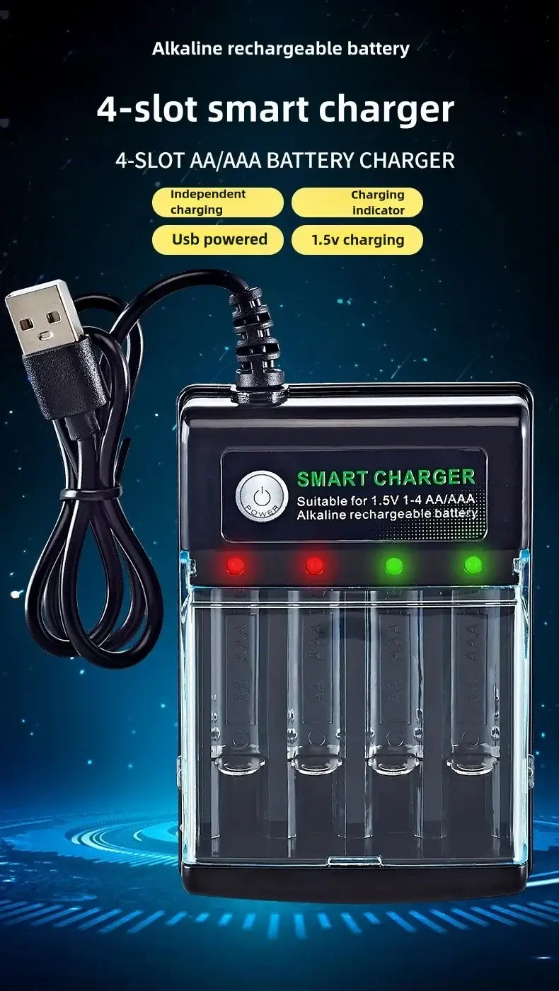1.5V USB 4 Slots Charger featuring independent charging for AA alkaline batteries with smart design and USB power.