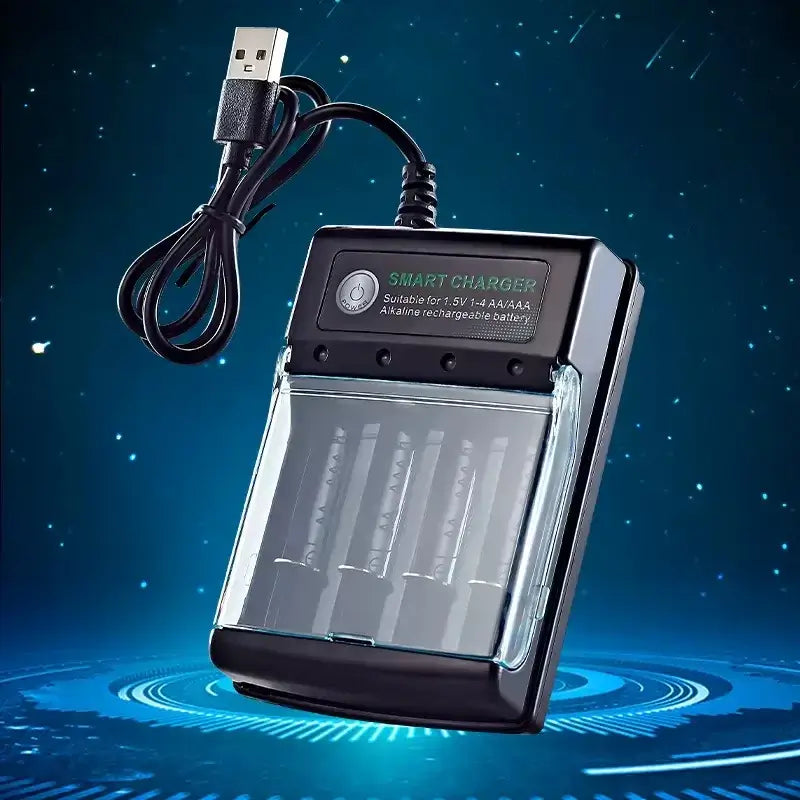 1.5V USB 4 Slots Charger with four battery slots and USB connector for charging AA alkaline batteries.