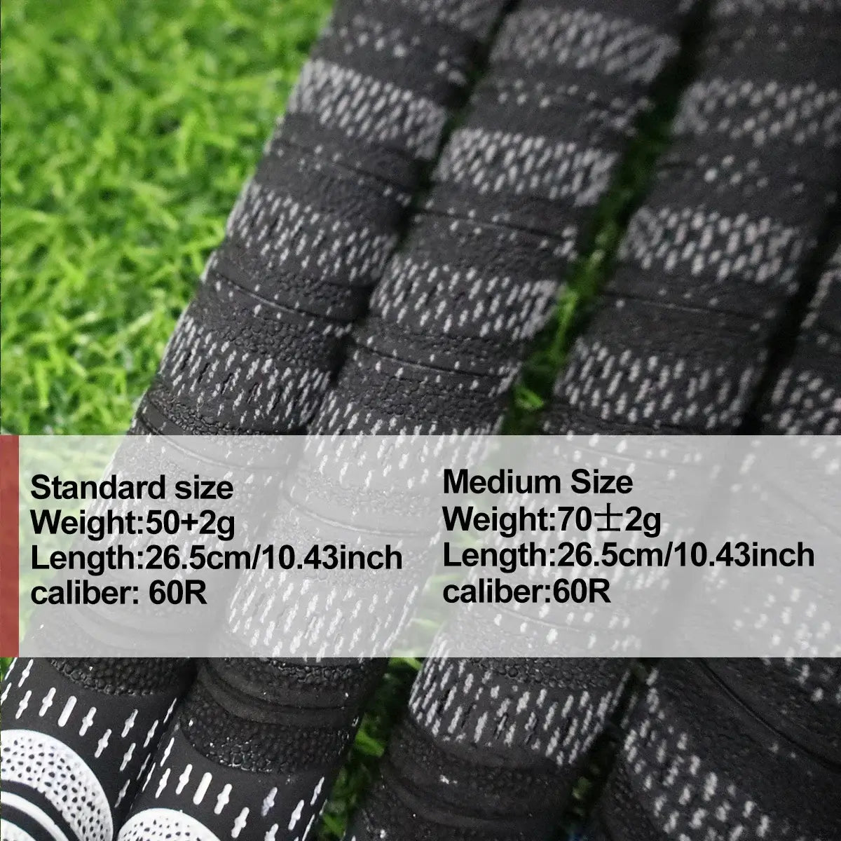 Golf rubber grip sizes and specifications including standard and medium options.