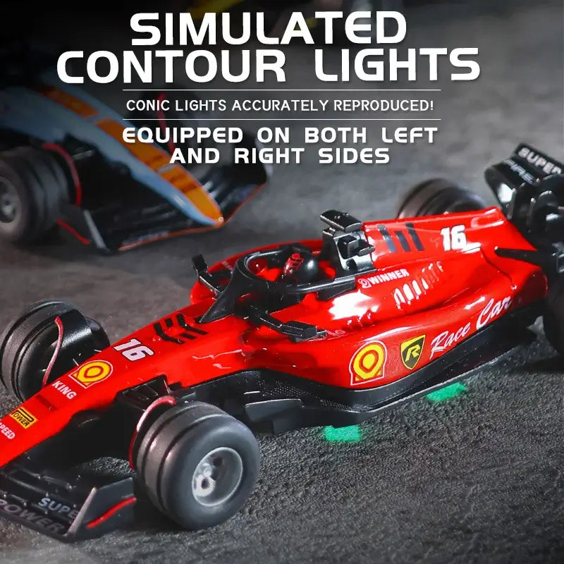 Mini RC F1 racing car with simulated contour lights, featuring accurate conic lights on both sides.