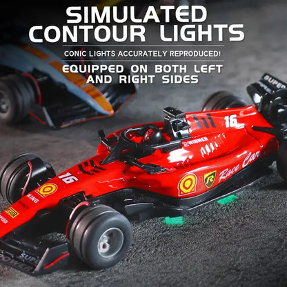 Mini RC F1 racing car with simulated contour lights, featuring accurate conic lights on both sides.