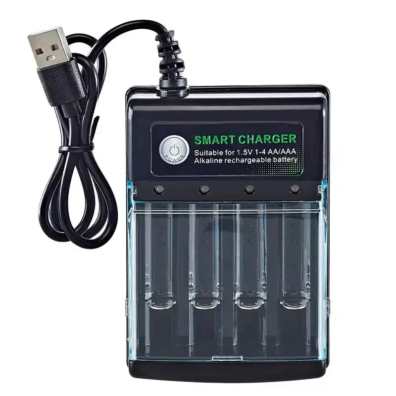1.5V USB 4 Slots Charger featuring a smart design for independent charging of AA alkaline batteries.