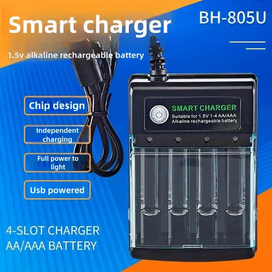 1.5V USB 4 Slots Charger for AA alkaline batteries with independent charging and smart design.