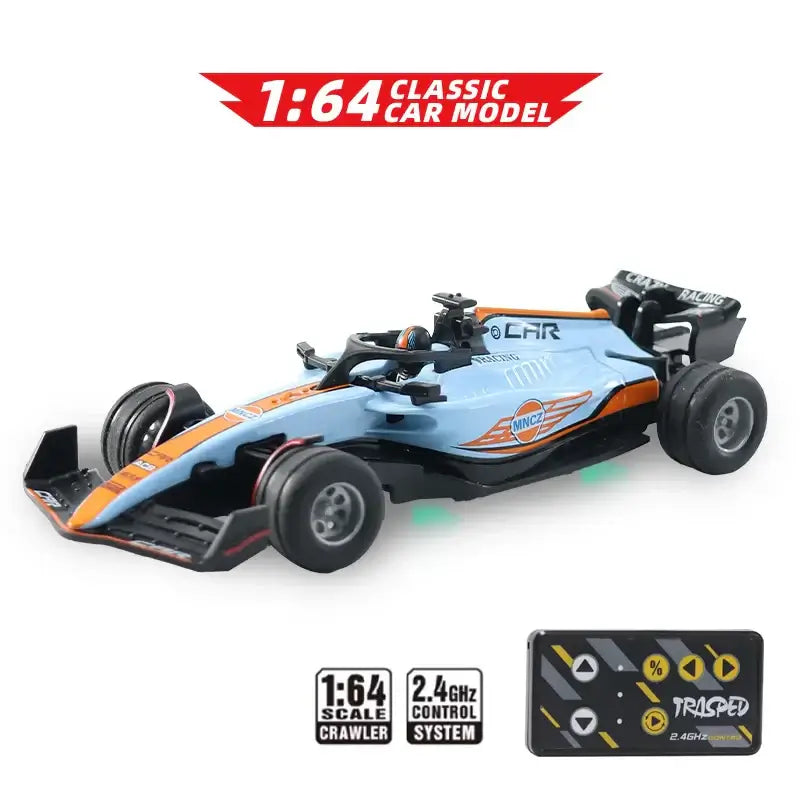 Mini RC F1 racing car in blue and orange with remote control, 1/64 scale model, perfect for enthusiasts.