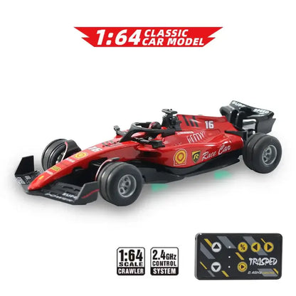 Mini RC F1 racing car in red color with remote control, 1/64 scale model, perfect for racing enthusiasts.