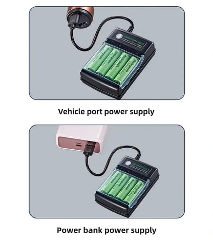 1.5V USB 4 Slots Charger connected to vehicle port and power bank for charging AA alkaline batteries.