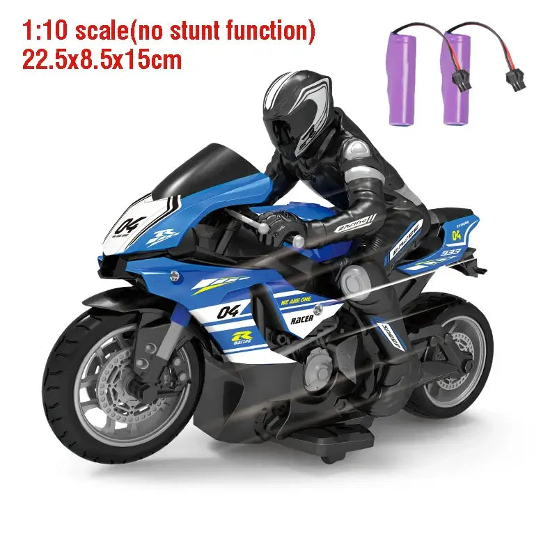 RC Motorcycles 16 110 Electric features a detailed 1:10 scale model with a rider, perfect for racing enthusiasts.