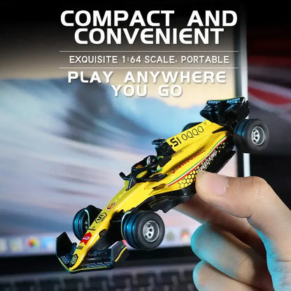 Mini RC F1 racing car in hand, showcasing compact and convenient 1:64 scale design for portable play.