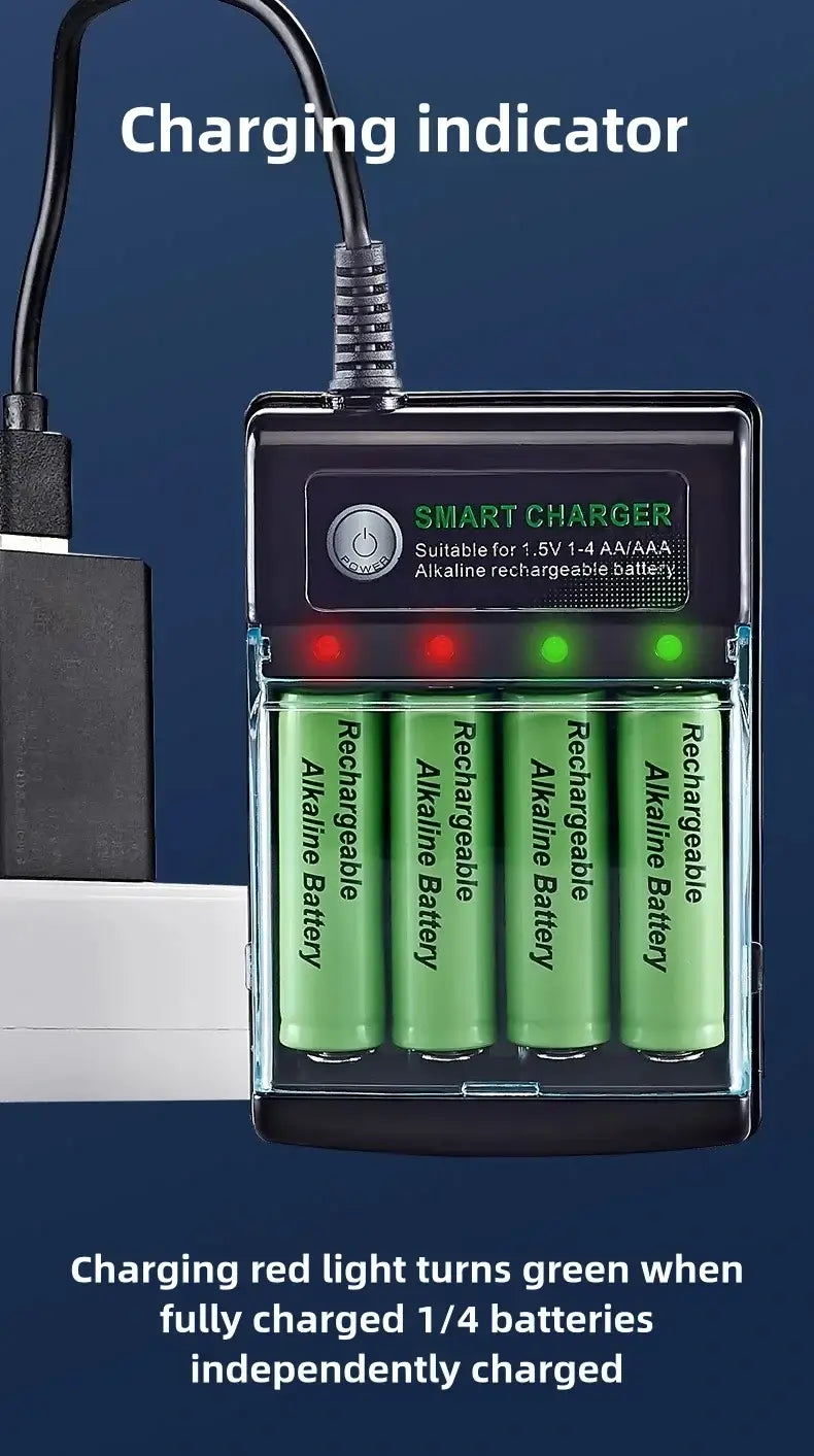 1.5V USB 4 Slots Charger with charging indicator for AA alkaline batteries and independent charging capabilities.