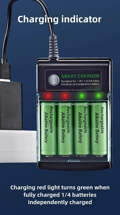 1.5V USB 4 Slots Charger with charging indicator for AA alkaline batteries and independent charging capabilities.