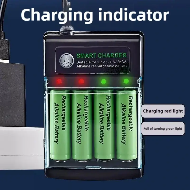 1.5V USB 4 Slots Charger with charging indicator and four AA alkaline batteries loaded.