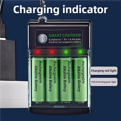 1.5V USB 4 Slots Charger with charging indicator and four AA alkaline batteries loaded.