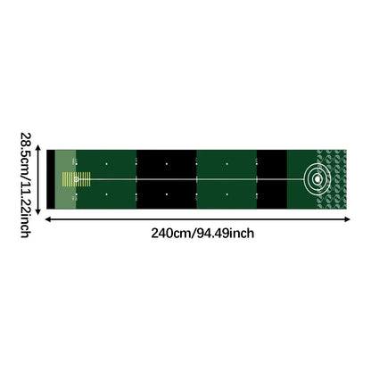 Golf Putting Mat Gift for Golfer shown with dimensions 240cm x 28.5cm, designed for indoor putting practice.