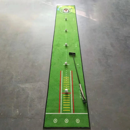 Golf Putting Mat Foldable Golf Training Putting Practice Detection laying flat with balls and a putter on a smooth surface.