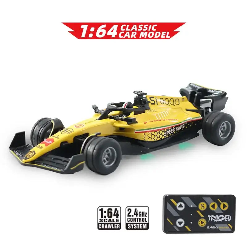 Mini RC F1 racing car in yellow with black details, 1/64 scale model, featured with remote control.