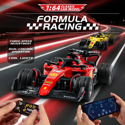 Mini RC F1 racing car on a racing track with remote controls, featuring classic car model design and cool lights.