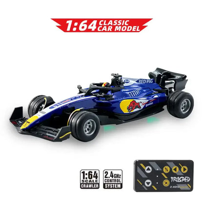 Mini RC F1 racing car in 1/64 scale with remote control system, featuring sleek design and vibrant colors.