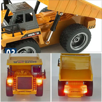 Huina 1534 Rc Truck Tractor showcasing detailed bodywork, functional dump bed, and illuminated rear lights.