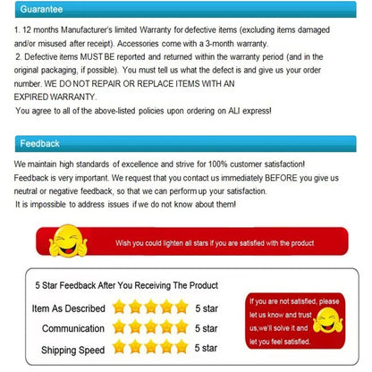 Customer feedback and warranty information for high speed RC car with stars rating.