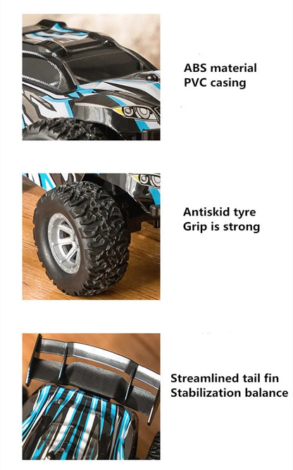 High speed RC car features ABS PVC casing, antiskid tyres for grip, and streamlined tail fin for stability.
