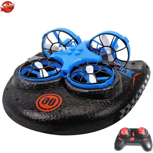 Water Land and Air Remote Control Quadcopter Hovercraft with blue propellers and remote control.