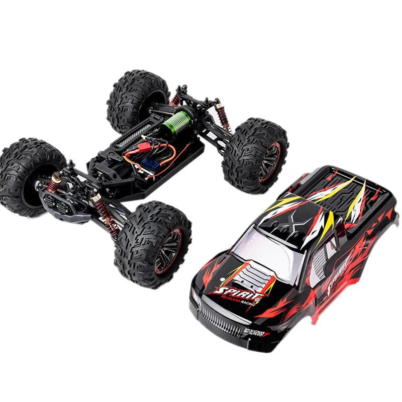 high-speed off-road RC car showing chassis and body design with vibrant colors and 4WD tires