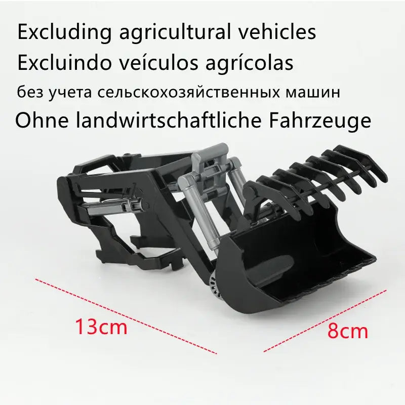 Remote Control Tractor with detachable loader bucket, dimensions 13cm by 8cm, showcasing design for enhanced play.