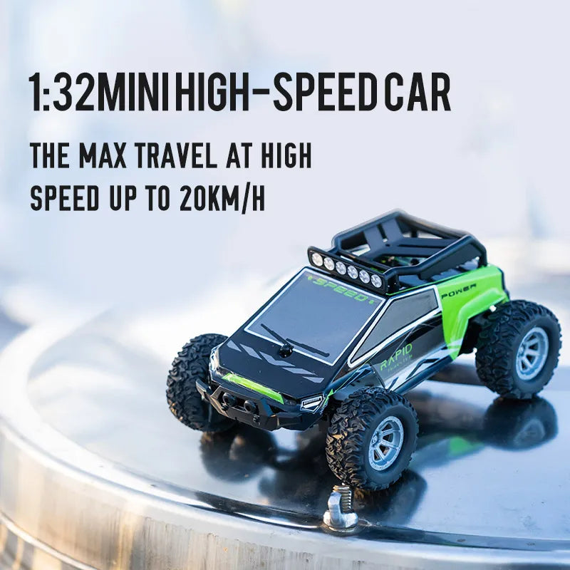 high speed RC car 1:32 mini model on a surface with text about speed capabilities.