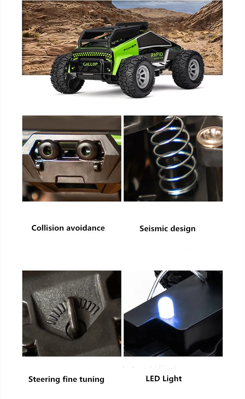 High speed RC car features collision avoidance, seismic design, steering fine tuning, and LED light.