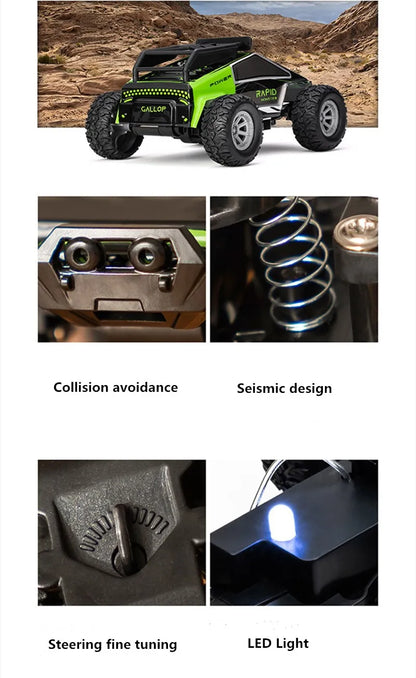 High speed RC car features collision avoidance, seismic design, steering fine tuning, and LED light.