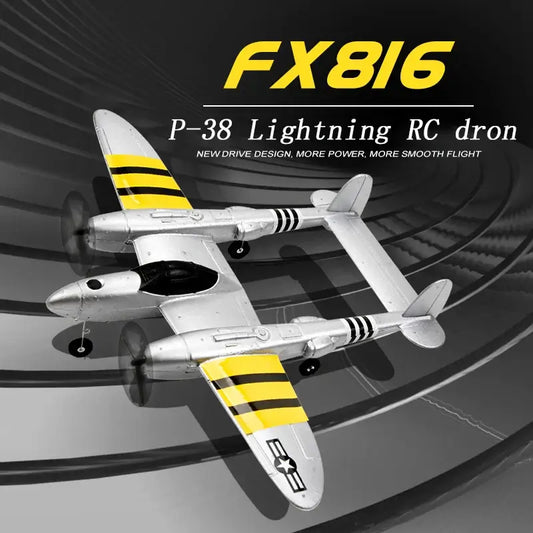 Air Force P38 RC Airplane flying in the air with black and yellow design features.