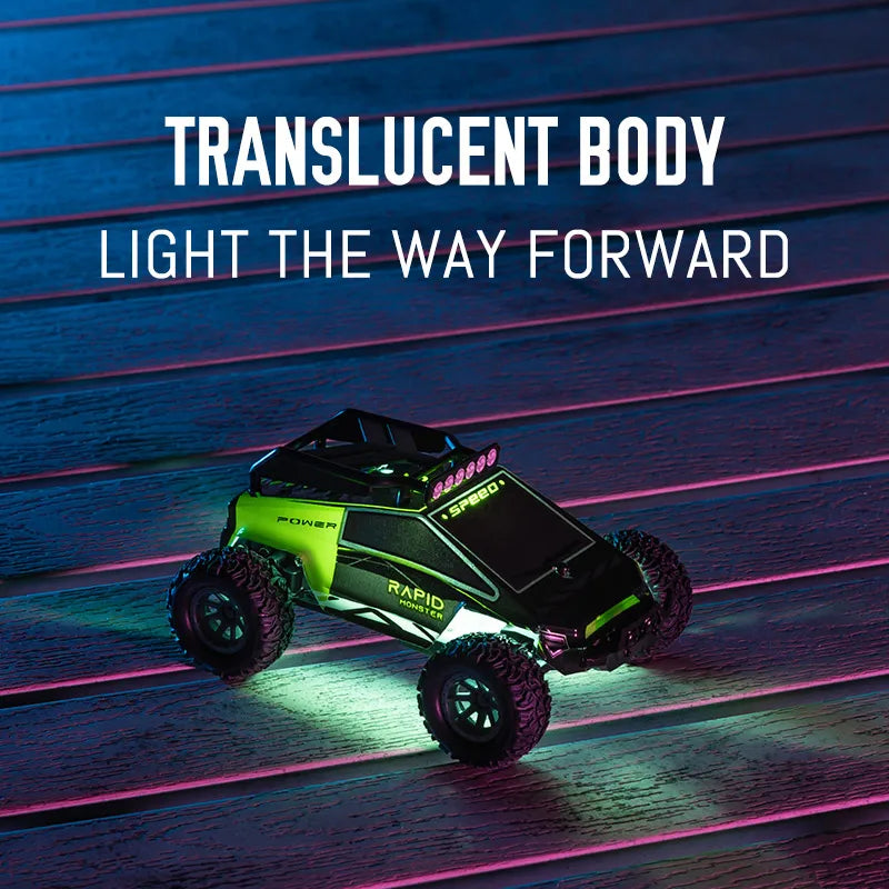 High speed RC car with translucent body showcasing lights and speed features on a wooden surface.