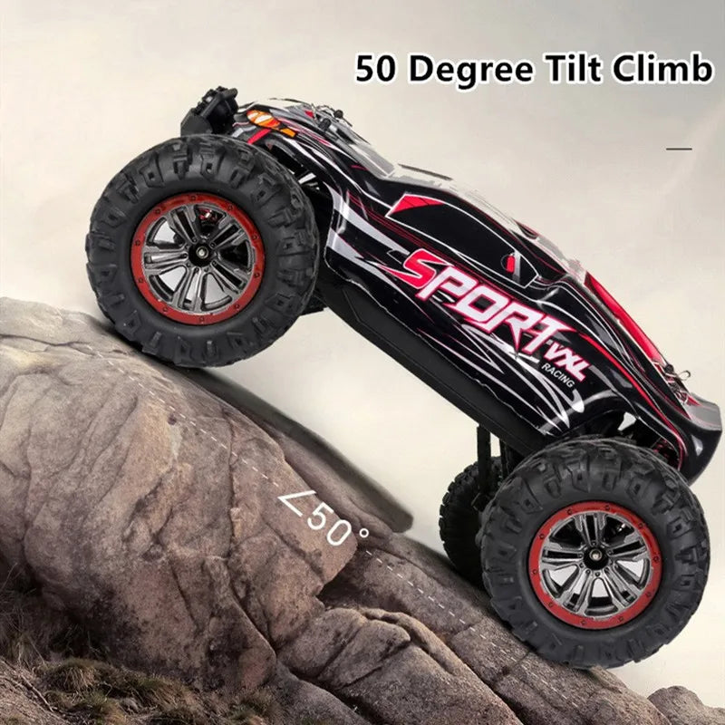 high-speed off-road RC car climbing a rocky surface at a 50-degree angle