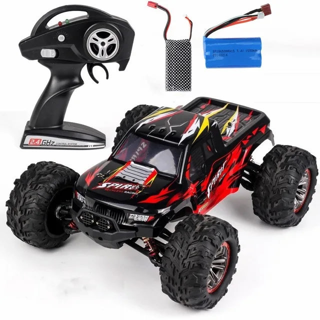 High-speed off-road RC car in red and black with remote, battery, and accessories, designed for rugged terrains and speeds up to 70KM/H.