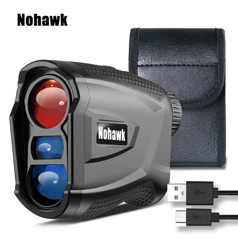 golf laser rangefinder with slope distance shown alongside a protective case and USB charging cable.