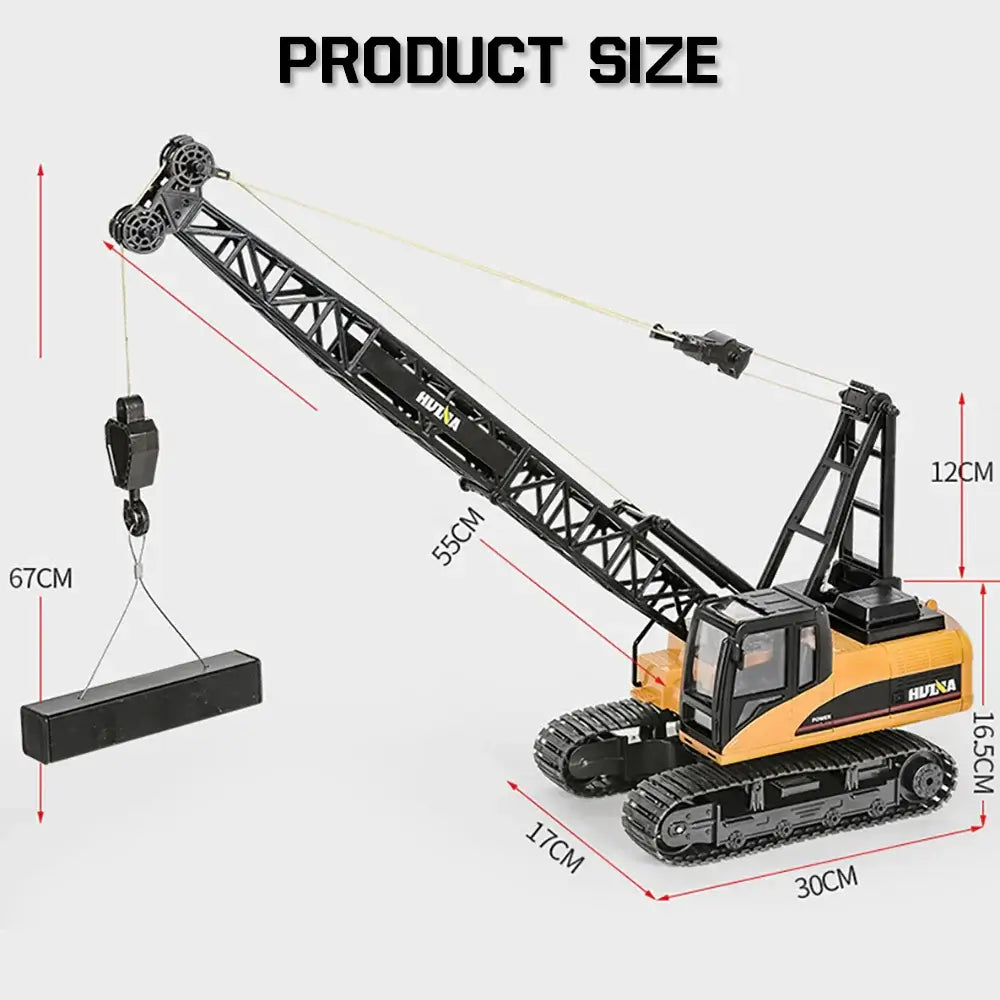 HUINA 1 14 RC Truck Crawler showing product size dimensions with crane and hook.