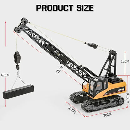 HUINA 1 14 RC Truck Crawler showing product size dimensions with crane and hook.